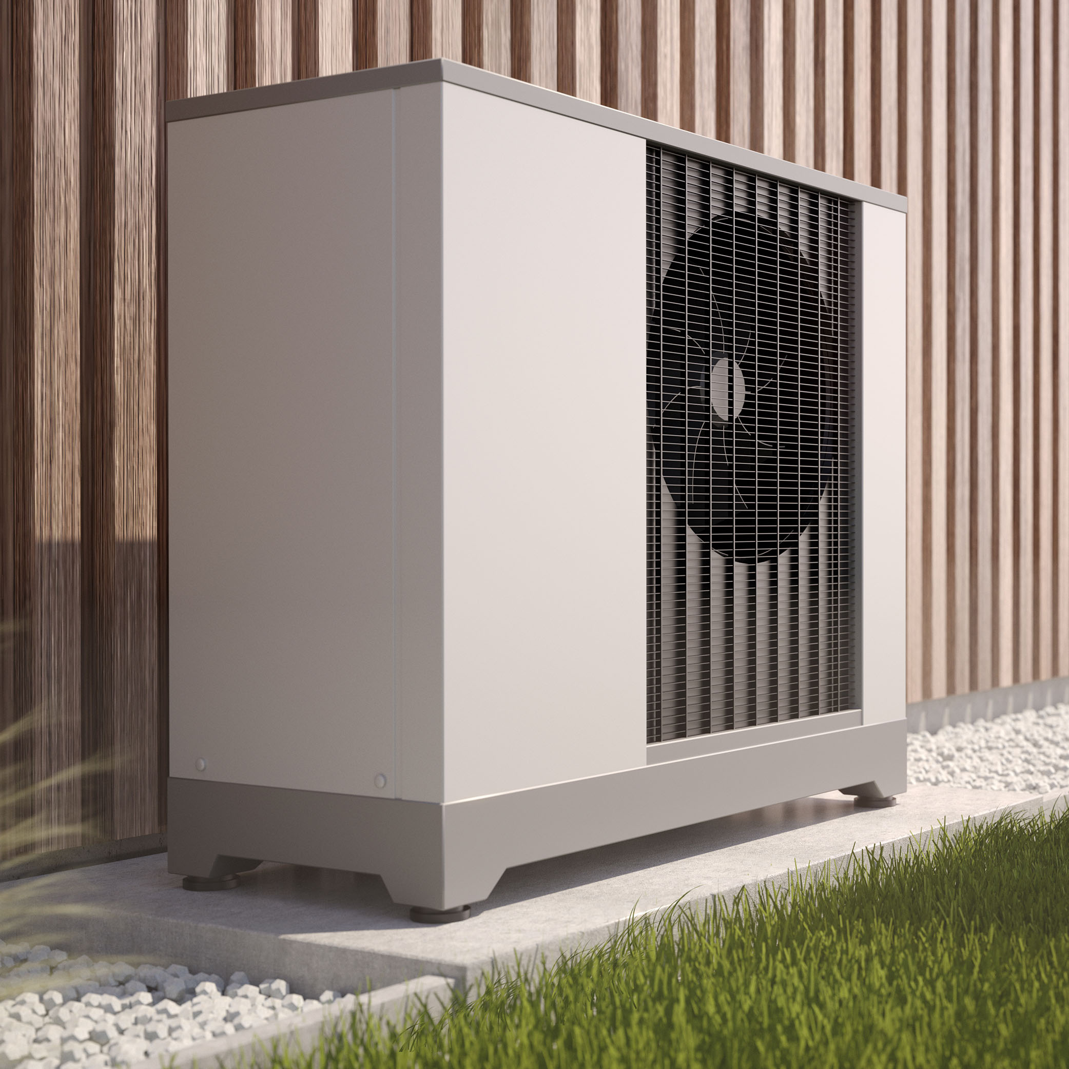 Air heat pump beside house, 3D illustration